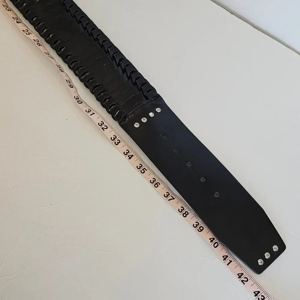 Guess Black Faux Leather Wide Belt Rhinestones Womens Medium Bold Goth Night Out
